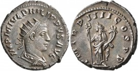 Philip II, 247-249. Antoninianus (Silver, 22 mm, 5.27 g, 7 h), Antioch, 247. IMP M IVL PHILIPPVS AVG Radiate, draped and cuirassed bust of Philip II t...