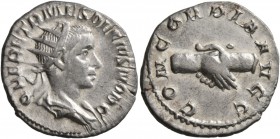 Herennius Etruscus, as Caesar, 249-251. Antoninianus (Silver, 21 mm, 3.42 g, 12 h), Rome, 250-251. Q HER ETR MES DECIVS NOB C Radiate, draped and cuir...
