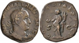 Valerian I, 253-260. Sestertius (Orichalcum, 28 mm, 15.85 g, 11 h), Rome, 253-254. IMP C P LIC VALERIANVS AVG Laureate and draped bust of Valerian to ...