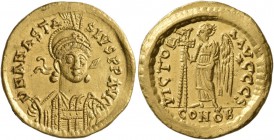 Anastasius I, 491-518. Solidus (Gold, 20 mm, 4.46 g, 7 h), Constantinopolis, circa 492-507. D N ANASTASIVS P P AVG Helmeted, diademed and cuirassed bu...