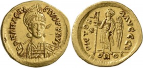 Anastasius I, 491-518. Solidus (Gold, 20 mm, 4.46 g, 7 h), Constantinopolis, circa 507-518. D N ANASTASIVS P P AVG Helmeted, diademed and cuirassed bu...