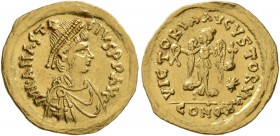 Anastasius I, 491-518. Tremissis (Gold, 17 mm, 1.48 g, 6 h), Constantinople. D N ANASTASIVS P P AVG Pearl-diademed, draped, and cuirassed bust of Anas...