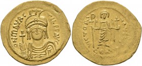 Maurice Tiberius, 582-602. Solidus (Gold, 22 mm, 4.42 g, 6 h), Constantinopolis, 583-601. oN mAVRC TIb PP AVC Helmeted, draped, and cuirassed bust of ...