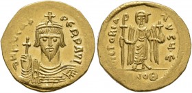 Phocas, 602-610. Solidus (Gold, 21 mm, 4.41 g, 6 h), Constantinopolis. d N FOCAS PERP AVI Draped and cuirassed bust of Phocas facing, wearing crown an...