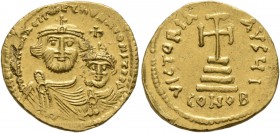 Heraclius, with Heraclius Constantine, 610-641. Solidus (Gold, 20 mm, 4.51 g, 7 h), Constantinopolis, circa 616-625. dd NN hERACLIUS ET hERA CONST PP ...