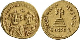 Heraclius, with Heraclius Constantine, 610-641. Solidus (Gold, 20 mm, 4.47 g, 7 h), Constantinopolis, circa 616-625. dd NN hERACLIVS ET hERA CONST PP ...