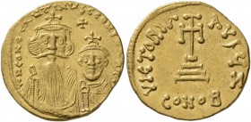 Heraclius, with Heraclius Constantine, 610-641. Solidus (Gold, 20 mm, 4.39 g, 7 h), Constantinopolis, 629-631. dd NN HERACLIVS ET HERAC CONSTANTIN Dra...