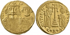 Constans II, with Constantine IV, Heraclius, and Tiberius, 641-668. Solidus (Gold, 20 mm, 4.49 g, 6 h), Constantinopolis, 661-663. d N CTIN [...] Faci...