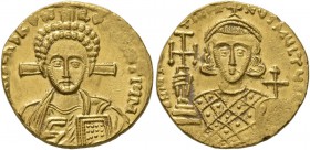 Justinian II, second reign, 705-711. Solidus (Gold, 20 mm, 4.33 g, 6 h), Constantinopolis, 706. d N IhS ChS REX REGNANTIЧM Draped bust of Christ facin...