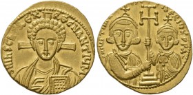 Justinian II, with Tiberius, second reign, 705-711. Solidus (Gold, 20 mm, 4.43 g, 7 h), Constantinopolis. d N IhS ChS RЄX RЄGNANTIЧM Draped bust of Ch...