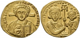 Justinian II, with Tiberius, second reign, 705-711. Solidus (Gold, 20 mm, 4.26 g, 6 h), Constantinopolis. d N IhS ChS RЄX RЄGNANTIЧM Draped bust of Ch...