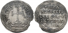 Michael I Rhangabe, 811-813. Miliaresion (Silver, 23 mm, 2.04 g, 12 h), Constantinopolis. IҺSЧS XRISTЧS ҺICA Cross potent set on three steps. Rev. + M...