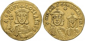 Theophilus, with Constantine and Michael II, 829-842. Solidus (Gold, 20.5 mm, 4.47 g, 6 h), Constantinopolis, 831-842. *ΘЄOFILOS bASILЄ Θ Crowned faci...