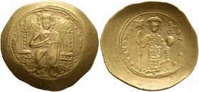 Constantine X Ducas, 1059-1067. Histamenon (Gold, 26 mm, 4.33 g, 5 h), Constantinopolis. +IhS IXS REX REGNANThIm Christ, nimbate, seated facing on str...