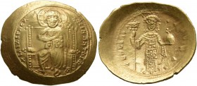 Constantine X Ducas, 1059-1067. Histamenon (Gold, 22-25 mm, 4.39 g, 6 h), Constantinopolis. +IhS IXS REX REGNANThIm Christ, nimbate, seated facing on ...