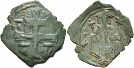 Andronicus II Palaeologus, 1282-1328. Trachy (Bronze, 21 mm, 1.73 g, 6 h), Thessalonica. Patriarchal cross; star to lower left and right. Rev. Androni...