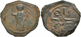 CRUSADERS. Antioch . Tancred, regent, 1101-1112. Follis (Bronze, 22 mm, 3.55 g, 9 h), third type. St. Peter standing facing, raising right hand in ben...