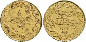 ISLAMIC, Ottoman Empire. Mahmud II, AH 1223-1255 / AD 1808-1839. Yirmilik Cedid Mahmudiye (Gold, 20 mm, 1.60 g, 12 h), Qustantiniya (Constantinople), ...