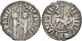 ARMENIA, Cilician Armenia. Royal . Levon II, 1270-1289. Tram (Silver, 21 mm, 2.58 g, 4 h), pre-coronation type. Zabel and Hetoum I standing facing one...