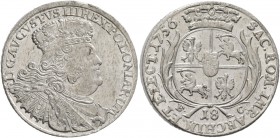 POLAND, Monarchs. August III Sas (the Saxon), 1734-1763. 18 Groszy (Silver, 28 mm, 5.72 g, 12 h), Leipzig, dated 1756. Crowned, draped and cuirassed b...