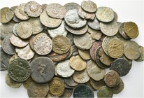 A lot containing 100 bronze coins. Includes: mostly late Roman Imperial coins. Fine and better. LOT SOLD AS IS, NO RETURNS. 100 coins in lot.