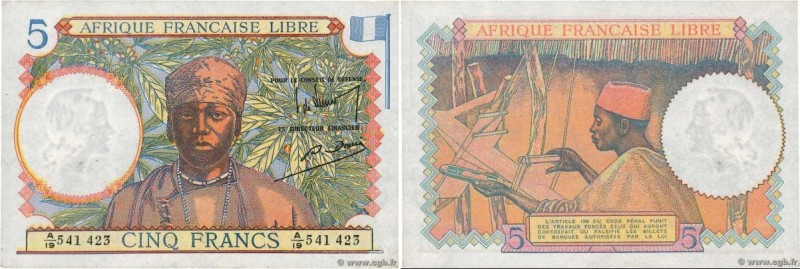 Country : FRENCH EQUATORIAL AFRICA 
Face Value : 5 Francs  
Date : (1941) 
Perio...