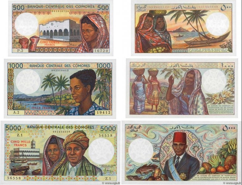 Country : COMOROS 
Face Value : 500, 1000 et 5000 Francs Lot 
Date : (1984) 
Per...