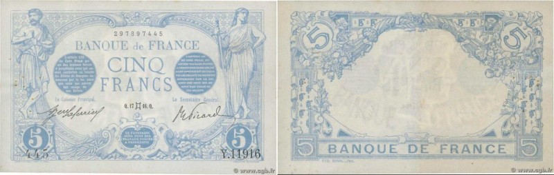 Country : FRANCE 
Face Value : 5 Francs BLEU  
Date : 17 mai 1916 
Period/Provin...