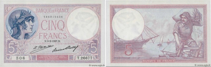 Country : FRANCE 
Face Value : 5 Francs VIOLET  
Date : 03 février 1927 
Period/...