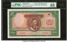 Afghanistan Bank of Afghanistan 1000 Afghanis ND (1939) / ND (SH1318) Pick 27Acts Color Trial Specimen PMG Choice Uncirculated 63. This enormous, high...