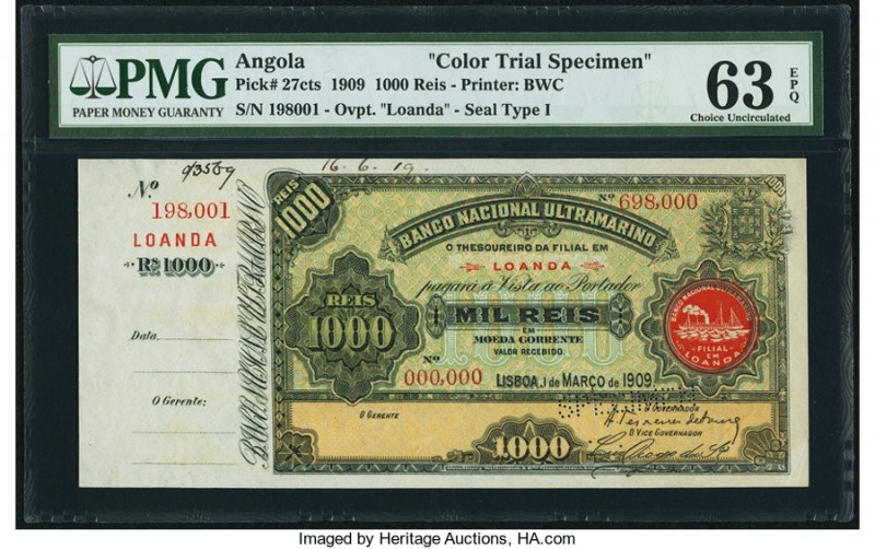 Angola Banco Nacional Ultramarino 1000 Reis 1.3.1909 Pick 27cts Color Trial Spec...