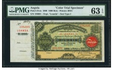 Angola Banco Nacional Ultramarino 1000 Reis 1.3.1909 Pick 27cts Color Trial Specimen PMG Choice Uncirculated 63 EPQ. A beautifully produced Color Tria...