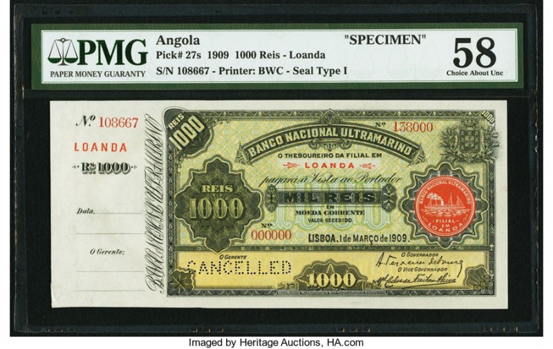 Angola Banco Nacional Ultramarino 1000 Reis 1.3.1909 Pick 27s Specimen PMG Choic...