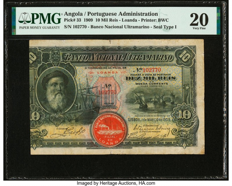 Angola Banco Nacional Ultramarino 10 Mil Reis 1.3.1909 Pick 33 PMG Very Fine 20....