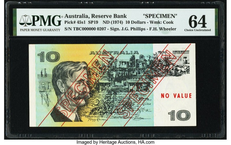 Australia Australia Reserve Bank 10 Dollars ND (1974) Pick 45s1 SP19 Specimen PM...