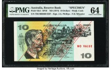 Australia Australia Reserve Bank 10 Dollars ND (1974) Pick 45s1 SP19 Specimen PMG Choice Uncirculated 64. The signatures of Phillips and Wheeler are s...