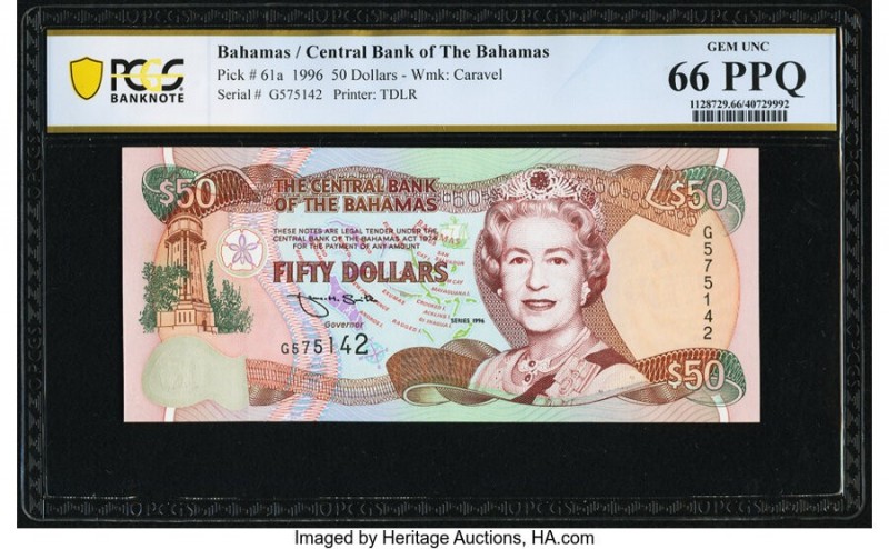 Bahamas Central Bank 50 Dollars 1996 Pick 61 PCGS Gem UNC 66 PPQ. Done in a colo...