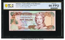 Bahamas Central Bank 50 Dollars 1996 Pick 61 PCGS Gem UNC 66 PPQ. Done in a color palette of pastel hues, this attractive note features a mature portr...