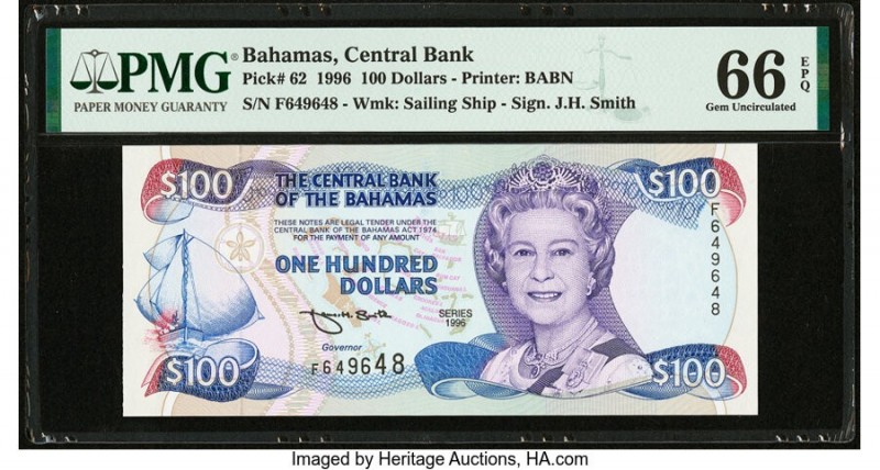Bahamas Central Bank 100 Dollars 1996 Pick 62 PMG Gem Uncirculated 66 EPQ. The $...