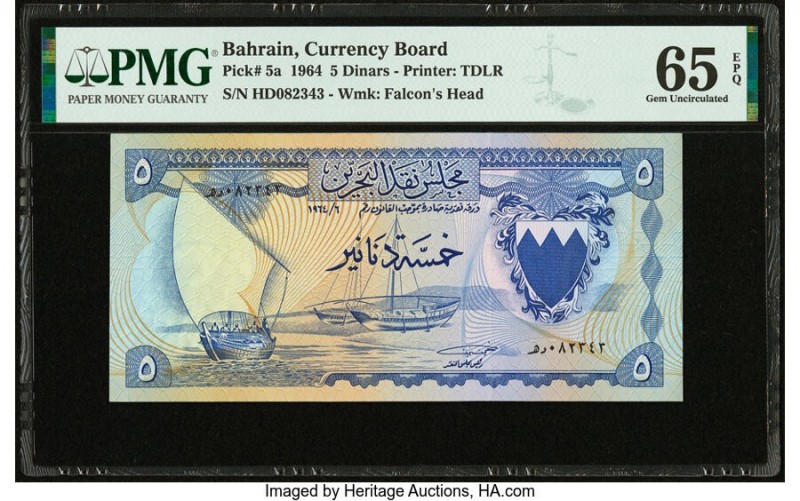 Bahrain Currency Board 5 Dinars 1964 Pick 5a PMG Gem Uncirculated 65 EPQ. This 5...