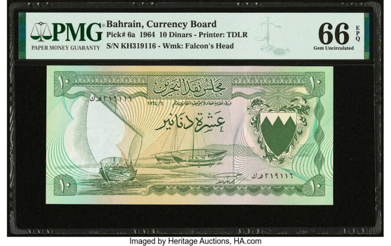 Bahrain Currency Board 10 Dinars 1964 Pick 6a PMG Gem Uncirculated 66 EPQ. All b...
