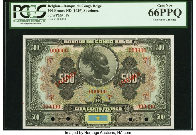 Belgian Congo Banque du Congo Belge 500 Francs ND (1929) Pick 18s Specimen PCGS ...