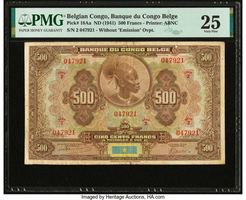 Belgian Congo Banque du Congo Belge 500 Francs ND (1941) Pick 18Aa PMG Very Fine...