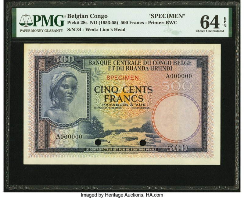 Belgian Congo Banque Centrale du Congo Belge 500 Francs ND (1953-55) Pick 28s Sp...