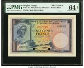 Belgian Congo Banque Centrale du Congo Belge 500 Francs ND (1953-55) Pick 28s Specimen PMG Choice Uncirculated 64 EPQ. Simply beautiful Trial Color sc...