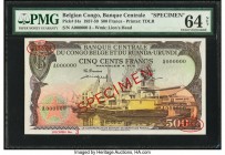 Belgian Congo Banque Centrale du Congo Belge 500 Francs 1.9.1957 Pick 34s Specimen PMG Choice Uncirculated 64 Net. Simply beautiful colors are seen on...