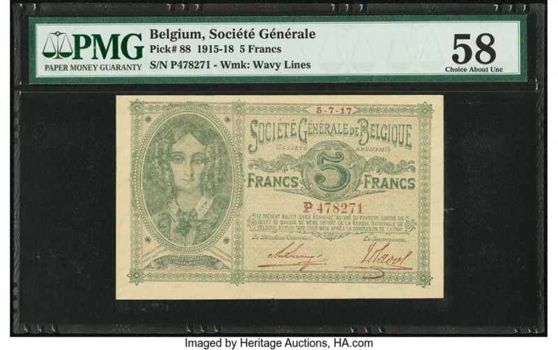 Belgium Societe Generale de Belgique 5 Francs 5.7.1917 Pick 88 PMG Choice About ...