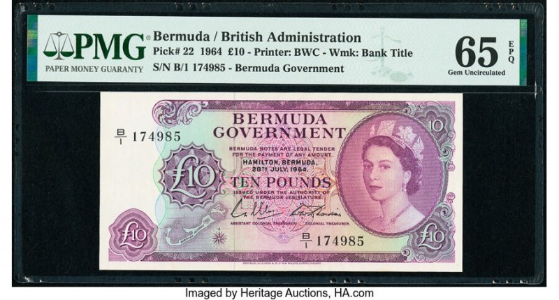 Bermuda Bermuda Government 10 Pounds 28.7.1964 Pick 22 PMG Gem Uncirculated 65 E...