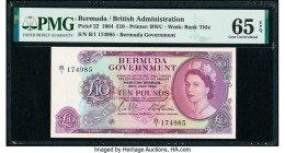 Bermuda Bermuda Government 10 Pounds 28.7.1964 Pick 22 PMG Gem Uncirculated 65 EPQ. This purple Tenner is the key note for the Queen Elizabeth II seri...