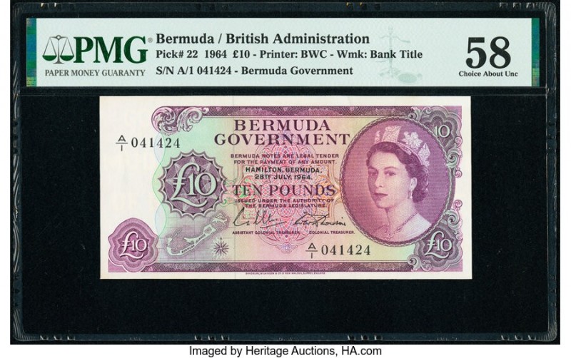 Bermuda Bermuda Government 10 Pounds 28.7.1964 Pick 22 PMG Choice About Unc 58. ...